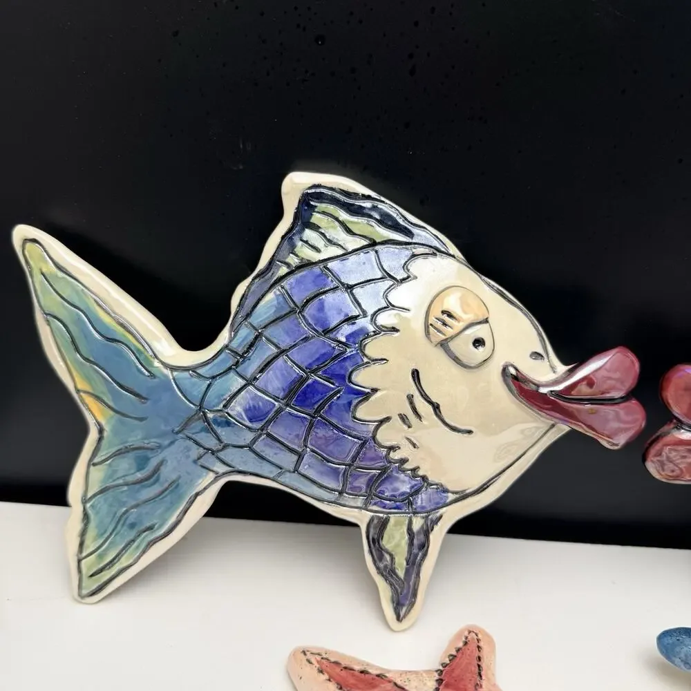 Blue Sky Clayworks Heather Goldminc Blue & Pink Kissy Fish & Starfish Wall Decor